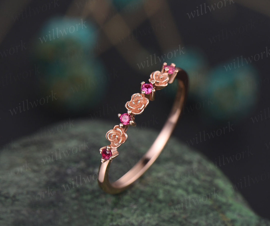 Dainty flower natural ruby wedding band solid 14k rose gold stacking unique vintage wedding ring band for women anniversary ring gift