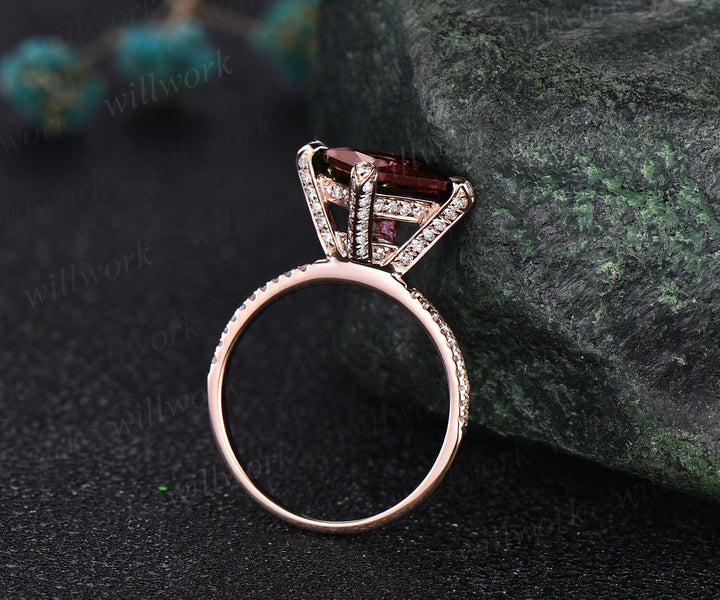 Unique princess cut red garnet engagement ring 14k rose gold pyramid under halo basket diamond ring vintage half eternity wedding ring women
