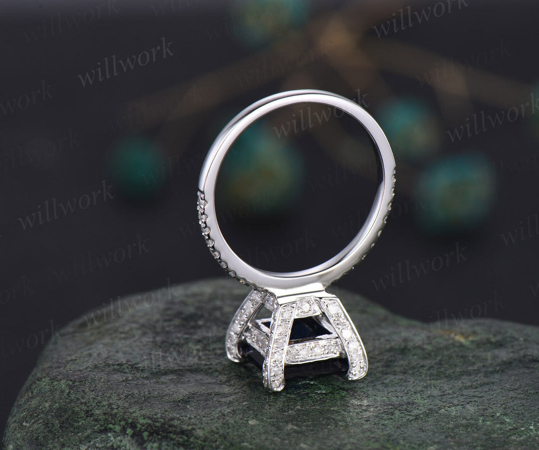 Princess cut sapphire ring vintage sapphire engagement ring set white gold art deco halo pyramid diamond ring unique bridal ring set women