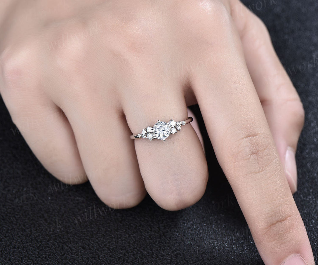 Round cut white sapphire ring vintage white sapphire engagement ring 14k white gold dainty snowdrift diamond ring women unique promise ring