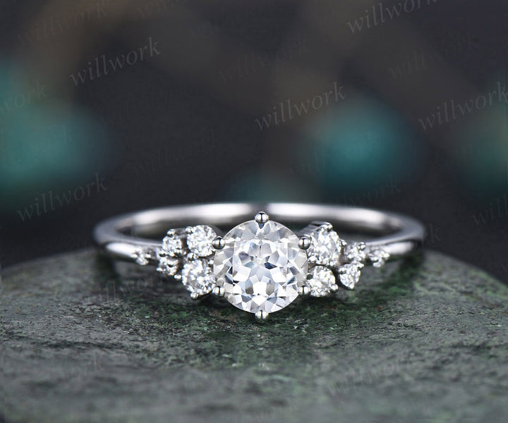 Round cut white sapphire ring vintage white sapphire engagement ring 14k white gold dainty snowdrift diamond ring women unique promise ring