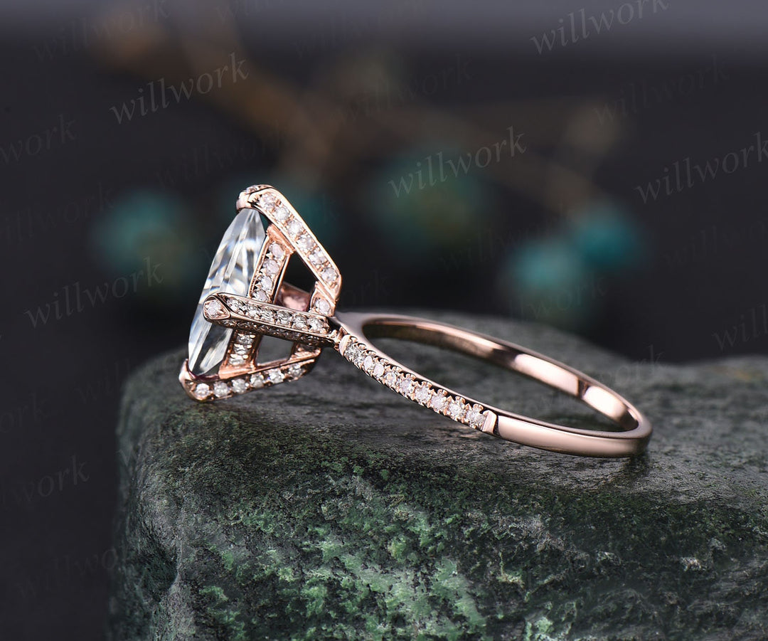 Unique princess cut moissanite engagement ring 14k rose gold pyramid under halo basket diamond ring vintage half eternity wedding ring women