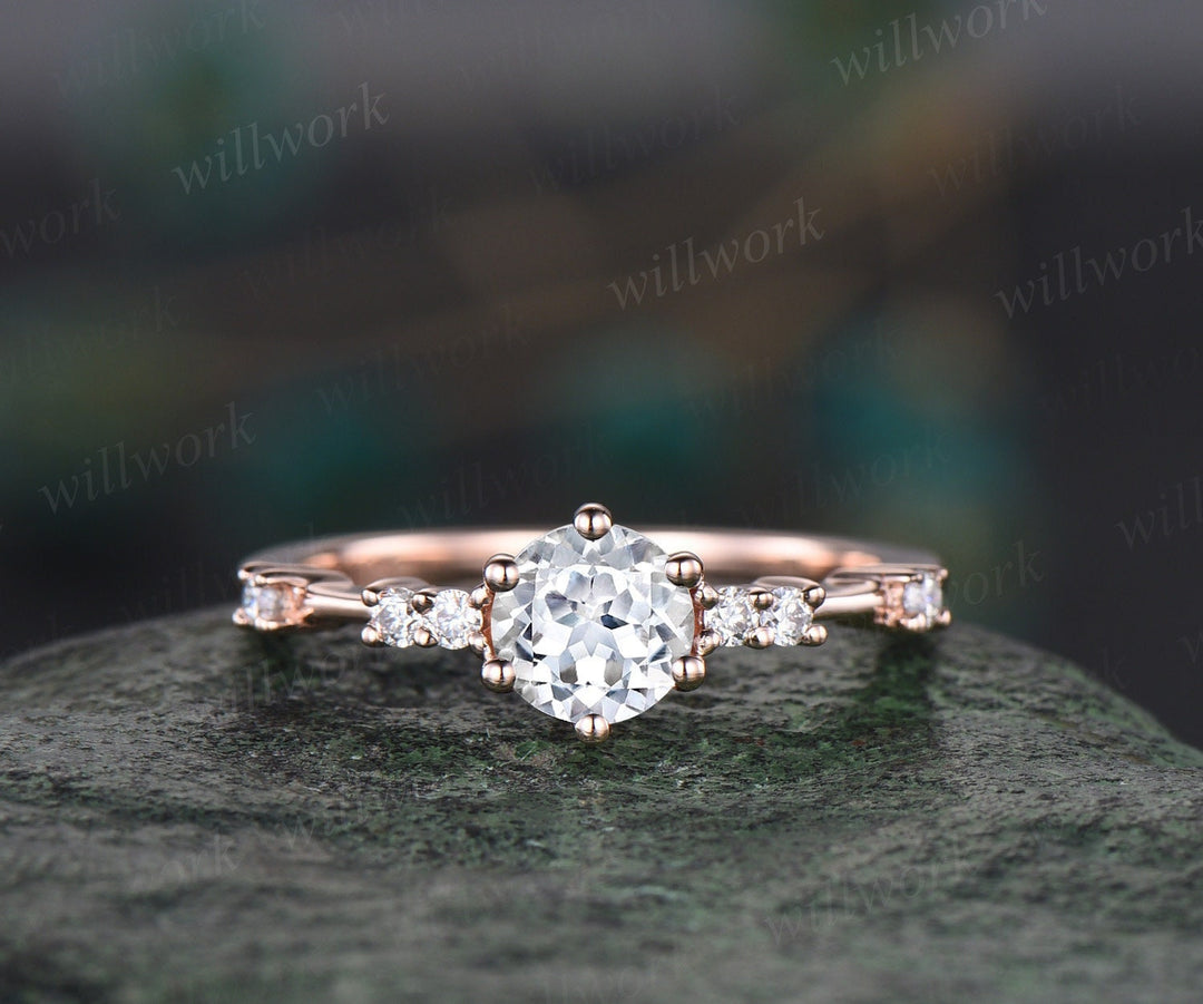 Dainty Round cut white sapphire ring unique white sapphire engagement ring for women 6 prong rose gold ring 7 stone diamond promise ring