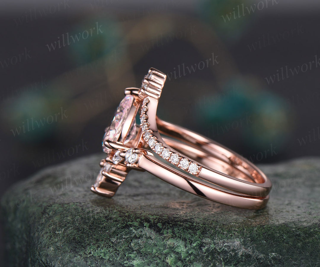 Morganite ring vintage pear shaped Pink Morganite engagement ring set 14k rose gold V shaped art deco diamond promise wedding ring set women