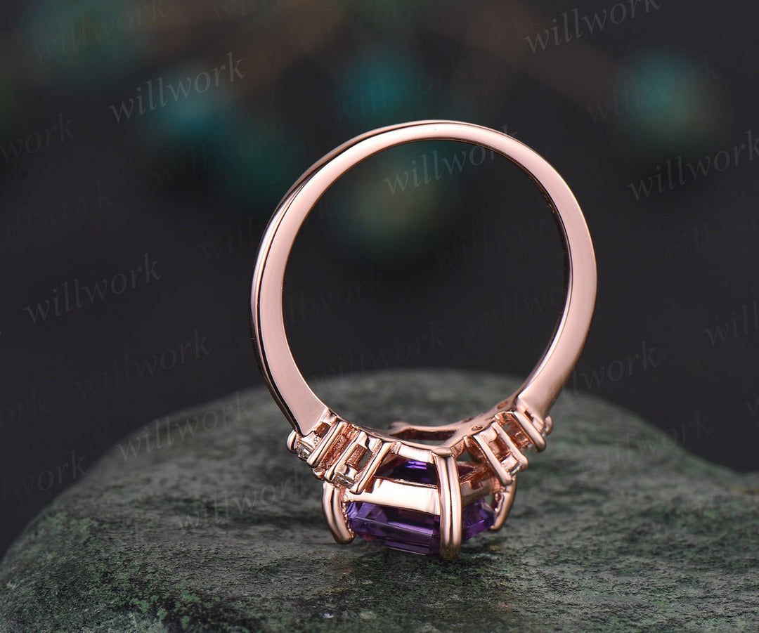 Asscher cut amethyst ring gold vintage purple amethyst engagement ring set 14k rose gold moissanite ring unique promise ring set women gift