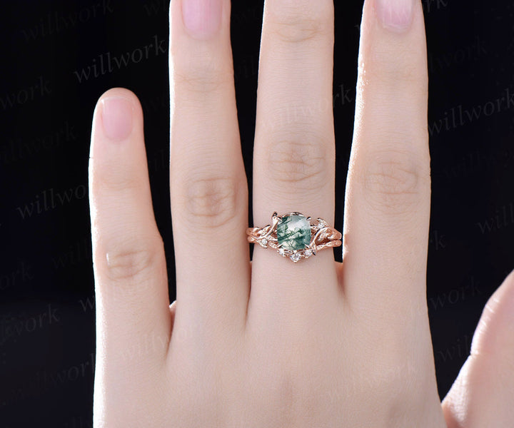 Twig cushion cut green moss agate engagement ring set leaf branch rose gold three stone diamond unique nature inspired wedding ring women