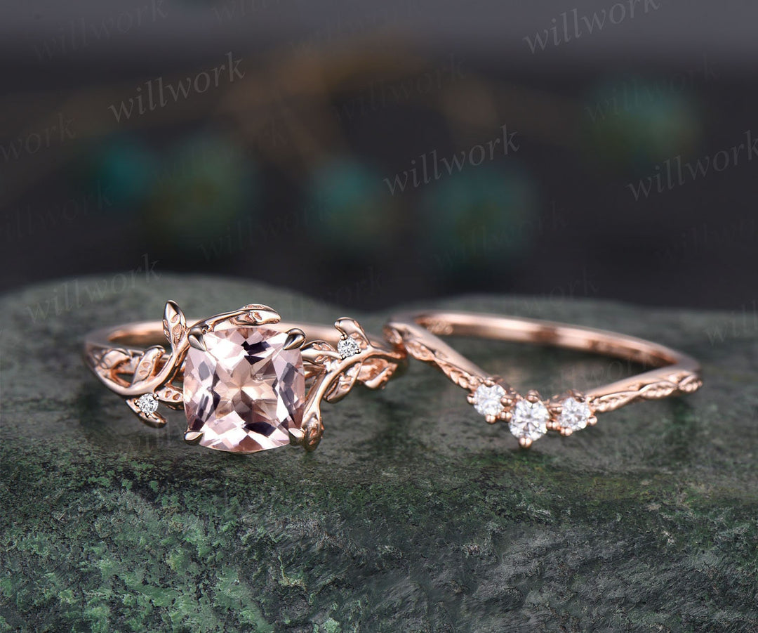 Twig cushion cut morganite engagement ring set leaf branch rose gold three stone diamond ring unique nature inspired wedding ring for women