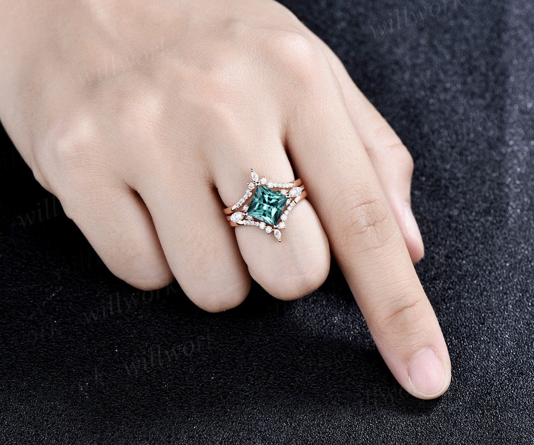 Princess cut green sapphire engagement ring set solid 14k rose gold art deco ring set moissanite ring women vintage bridal wedding ring set
