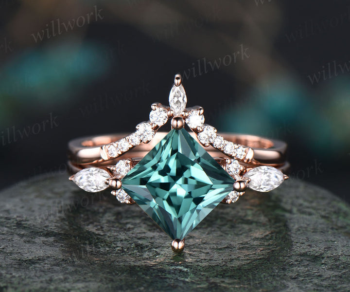 Princess cut green sapphire engagement ring set solid 14k rose gold art deco ring set moissanite ring women vintage bridal wedding ring set