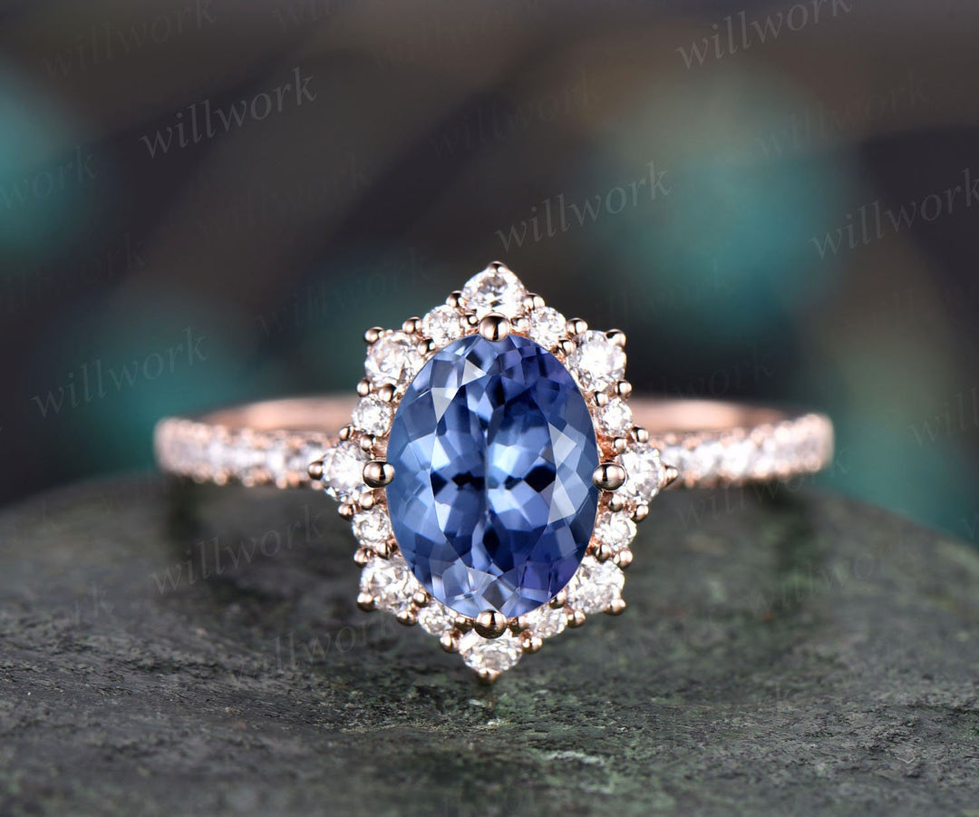 Oval cut Tanzanite engagement ring set solid 14k rose gold snowdrift moissanite ring art deco sapphire diamond wedding ring band for women