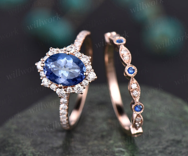 Oval cut Tanzanite engagement ring set solid 14k rose gold snowdrift moissanite ring art deco sapphire diamond wedding ring band for women