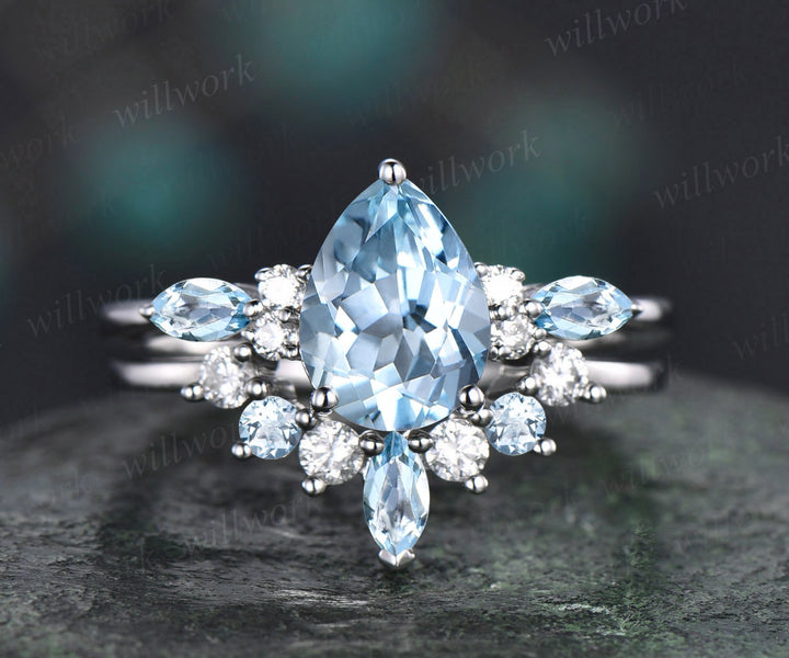 Pear shaped aquamarine engagement ring set solid 14k white gold marquise cut aquamarine ring for women moissanite ring bridal set jewelry