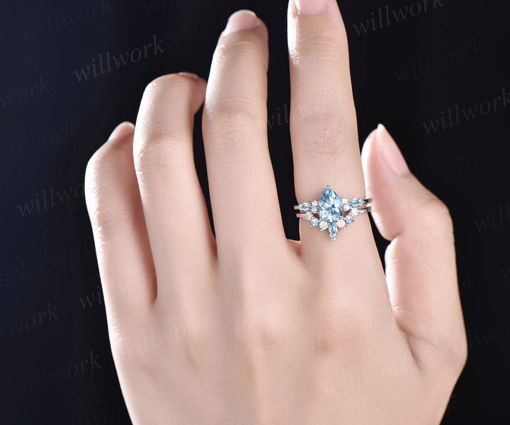 Pear shaped aquamarine engagement ring set solid 14k white gold marquise cut aquamarine ring for women moissanite ring bridal set jewelry