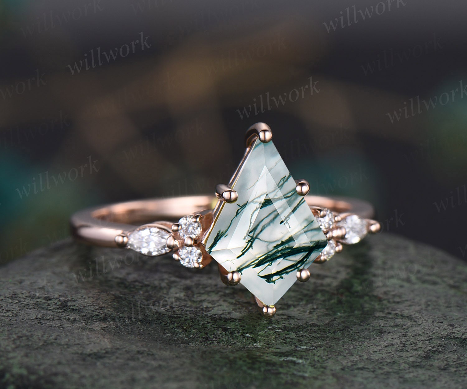 Natural Moss Agate Kite Shape Engagement Ring For Woman, Kite Shape Solitaire Moss Agate Gold Ring, Unique Kite Gold Ring for Wife, outlets Gift her