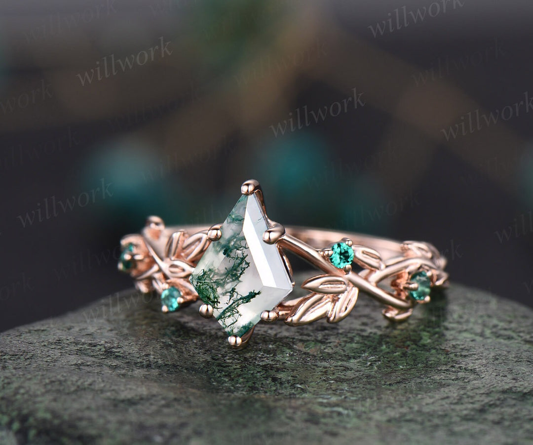 Twig moss agate ring vintage kite cut moss agate engagement ring nature inspired rose gold ring leaf emerald ring women unique wedding ring