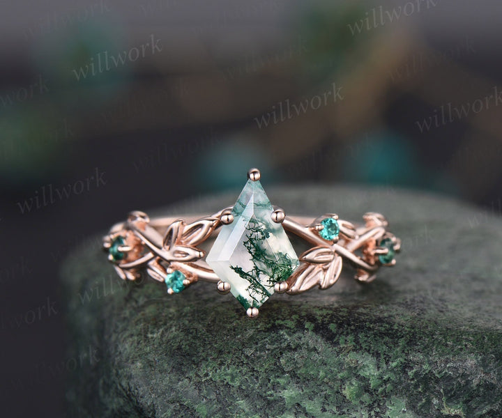 Twig moss agate ring vintage kite cut moss agate engagement ring nature inspired white gold ring leaf emerald ring women unique wedding ring