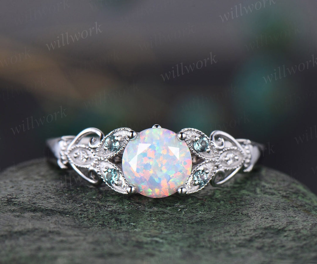 Round cut opal ring vintage white opal engagement ring solid 14k white butterfly alexandrite diamond ring unique anniversary ring women gift