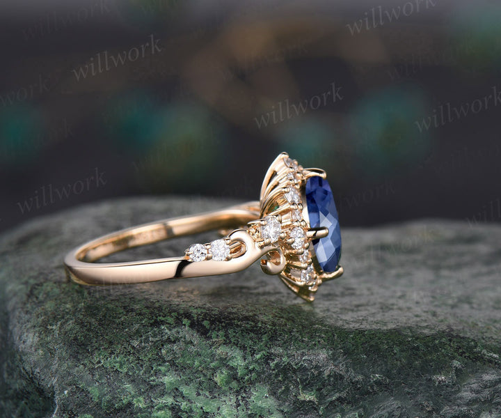 Vintage oval cut Tanzanite engagement ring solid 14k yellow gold snowdrift halo diamond ring unique wedding bridal ring women fine jewelry