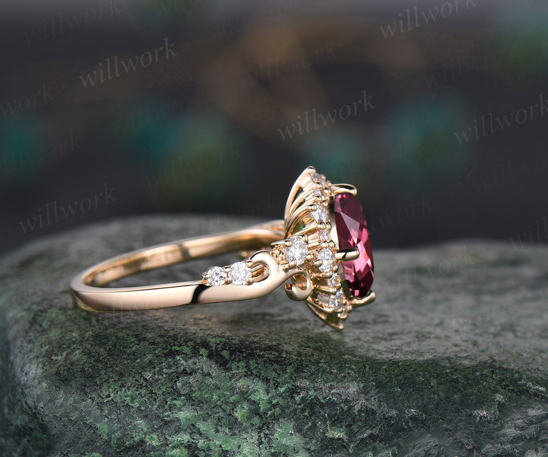 Vintage oval cut pink tourmaline engagement ring solid 14k yellow gold snowdrift halo diamond ring unique bridal ring for women fine jewelry