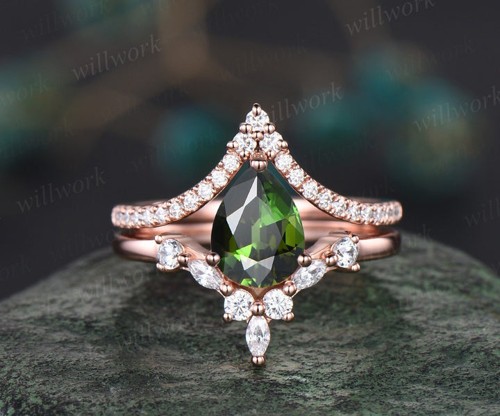 Pear shaped green tourmaline engagement ring set 14k rose gold V shaped art deco diamond ring unique promise wedding ring set women jewelry