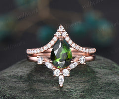 Pear shaped green tourmaline engagement ring set 14k rose gold V shaped art deco diamond ring unique promise wedding ring set women jewelry