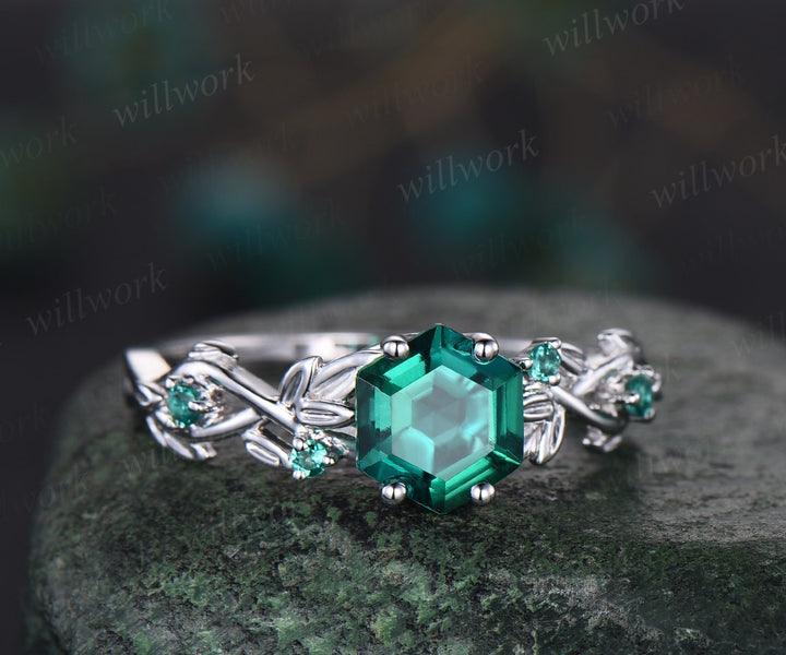 7mm emerald ring vintage hexagon cut emerald engagement ring women solid 14k white gold leaf ring May birthstone ring promise ring for her