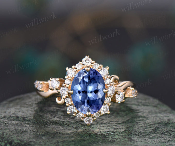 Vintage oval cut Tanzanite engagement ring solid 14k yellow gold snowdrift halo diamond ring unique wedding bridal ring women fine jewelry