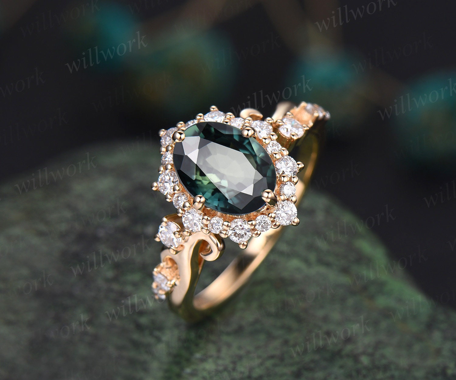 Vintage oval cut teal green sapphire engagement ring 14k yellow