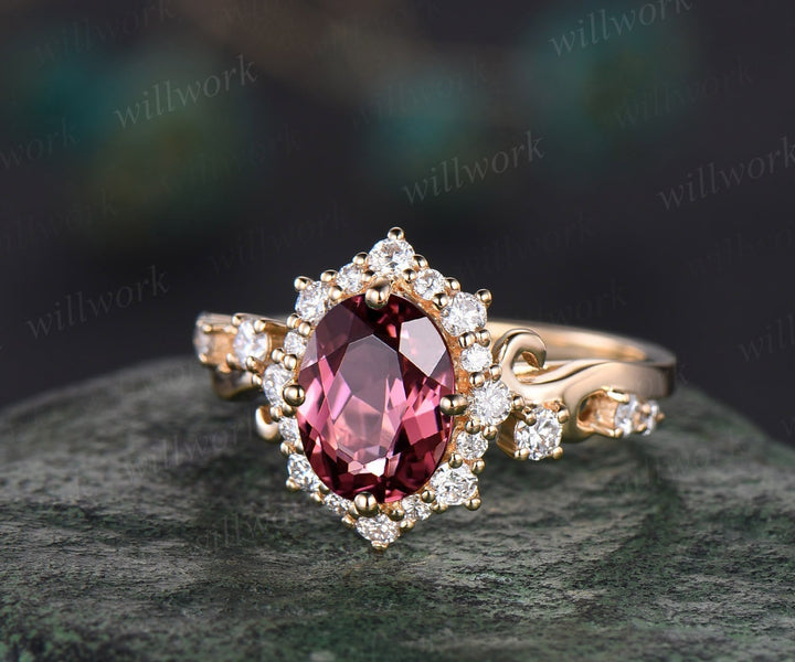 Vintage oval cut pink tourmaline engagement ring solid 14k yellow gold snowdrift halo diamond ring unique bridal ring for women fine jewelry