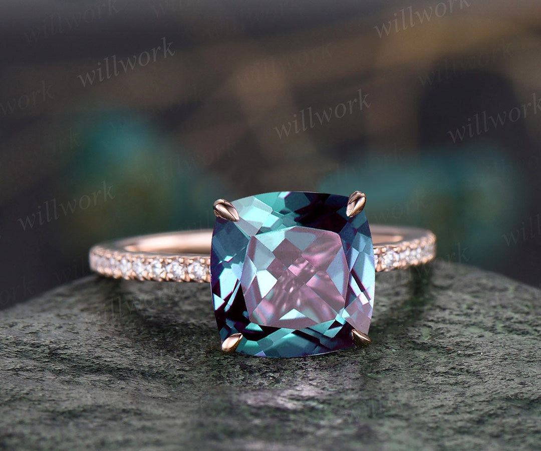 Vintage 8mm cushion cut Alexandrite engagement ring for women rose gold under halo half eternity diamond ring jewelry unique promise ring