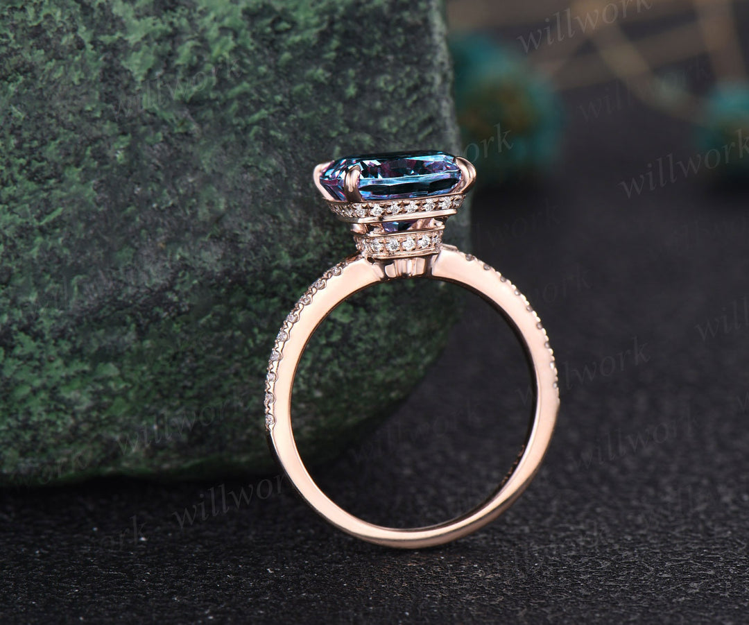 Vintage 8mm cushion cut Alexandrite engagement ring for women rose gold under halo half eternity diamond ring jewelry unique promise ring