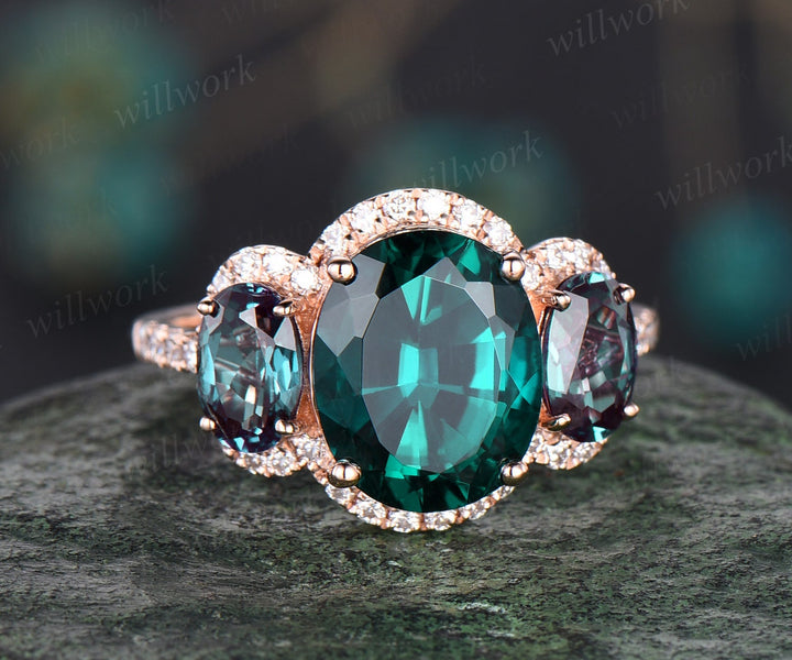 3ct oval cut emerald ring vintage emerald engagement ring solid 14k rose gold alexandrite ring halo diamond ring women unique promise ring