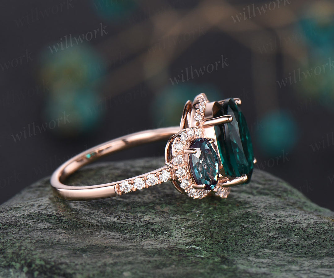 3ct oval cut emerald ring vintage emerald engagement ring solid 14k rose gold alexandrite ring halo diamond ring women unique promise ring