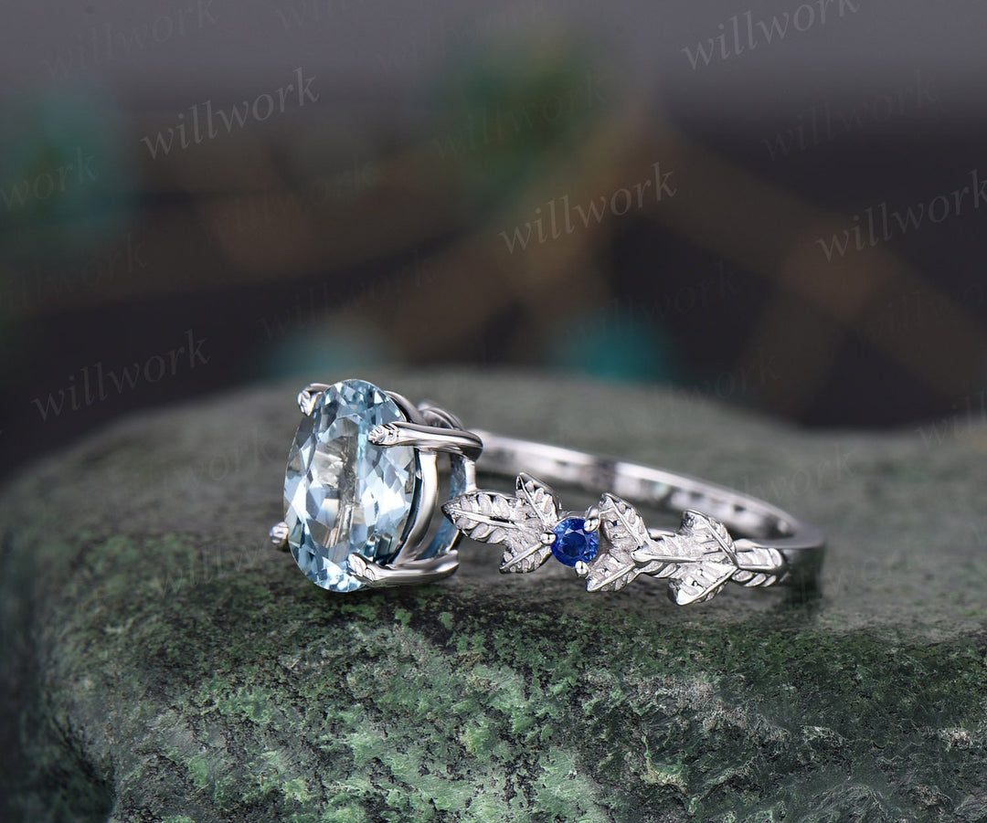 Oval cut Aquamarine ring gold vintage unique engagement ring Nature inspired leaf twig ring sapphire ring women wedding promise ring silver