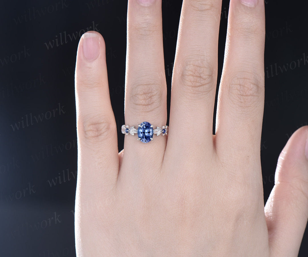Oval cut Tanzanite ring vintage Tanzanite engagement ring white gold three stone Nature inspired leaf natural sapphire ring women jewelry