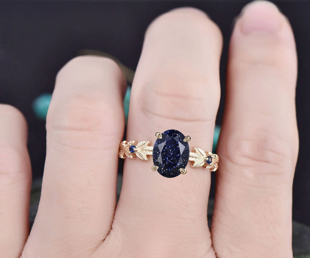 Oval cut blue goldstone ring vintage blue sandstone engagement ring white gold three stone Nature inspired leaf natural sapphire ring women