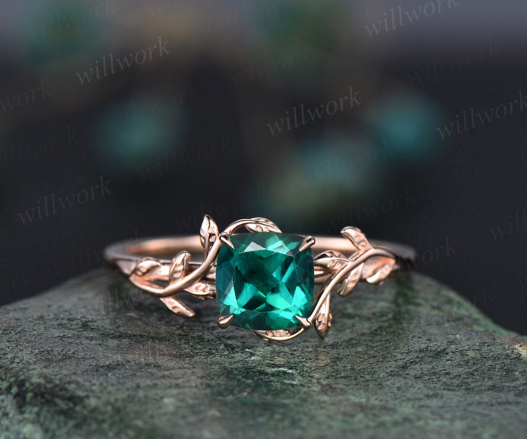 Cushion cut green emerald ring vintage unique nature inspired engagement ring leaf 14k rose gold ring art deco bridal wedding ring for women