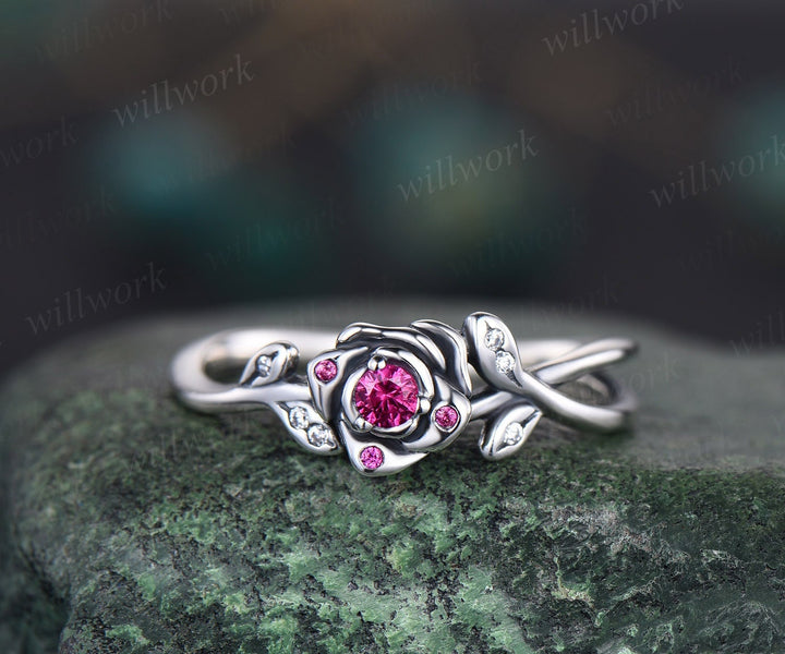 Round natural ruby ring vintage ruby engagement ring 14k white gold  leaf flower diamond ring cluster nature inspired anniversary ring women