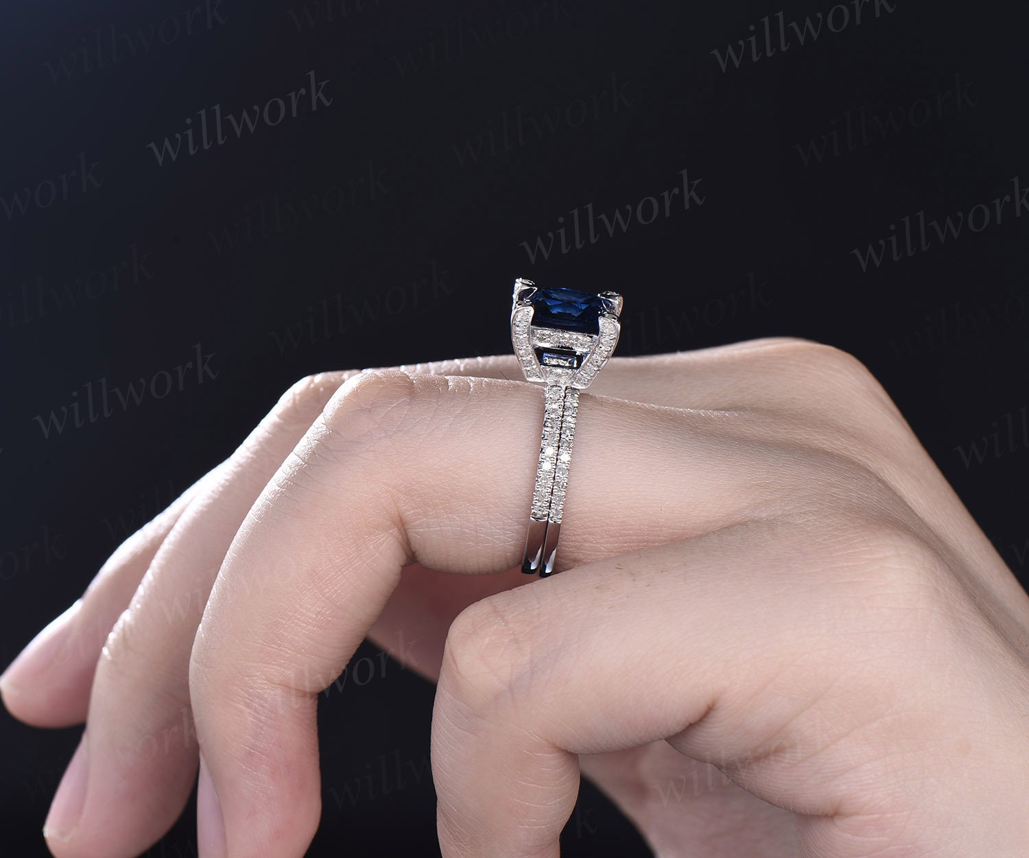 2.30 buy CT Princess Cut Blue Sapphire Diamond CZ Engagement Wedding Ring with Matching Band For Womens Wedding Bridal Set Split Shank Ring