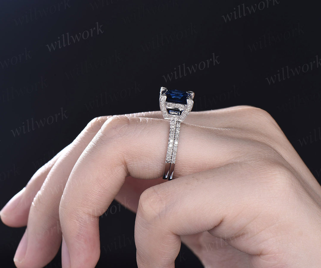 Princess cut sapphire ring vintage sapphire engagement ring set white gold art deco halo pyramid diamond ring unique bridal ring set women