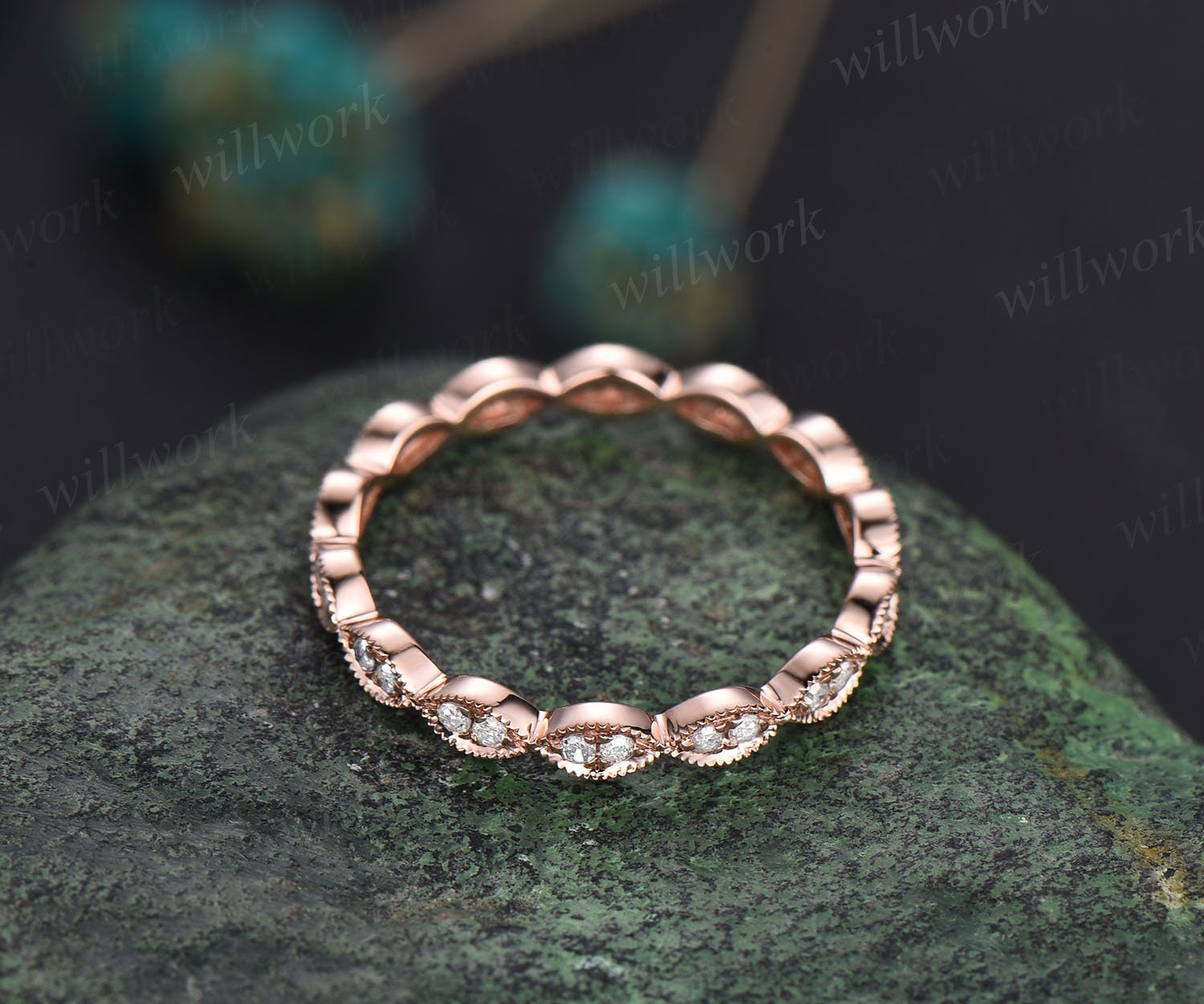 Vintage CZ wedding band Rose hot Gold band ring Unique straight band Milgrain band, Birthstone band, Art Deco matching band Stacking band