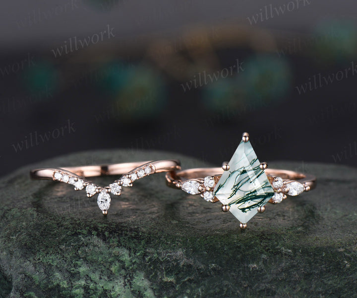 Custom order-8x11mm kite cut green moss agate ring set diamond wedding band with 18k white gold