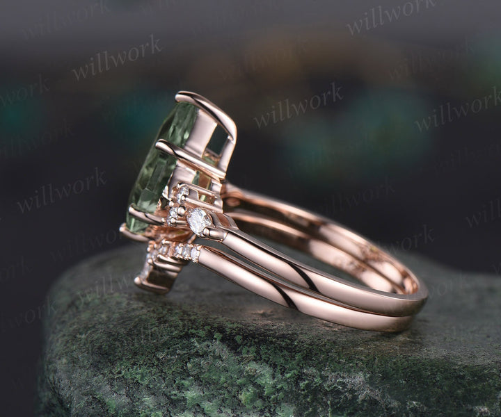 8x11mm kite cut green moss agate ring solid 14k rose gold moss agate engagement ring set emerald ring vintage diamond ring women bridal set