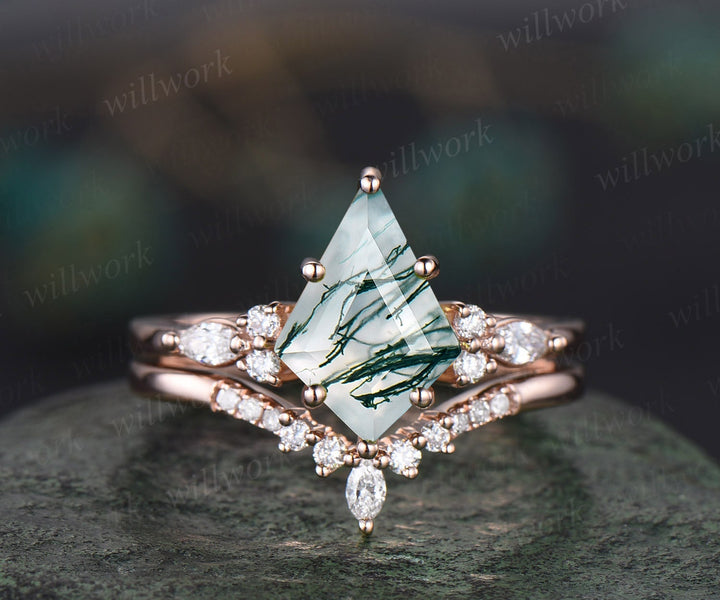 8x11mm kite cut green moss agate ring solid 14k rose gold moss agate engagement ring set emerald ring vintage diamond ring women bridal set