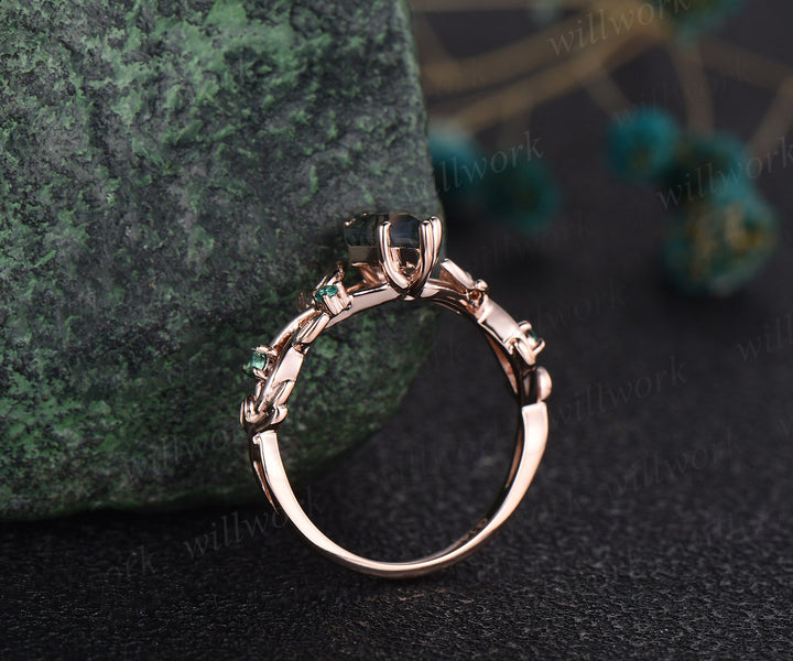 Twig moss agate ring vintage kite cut moss agate engagement ring nature inspired rose gold ring leaf emerald ring women unique wedding ring