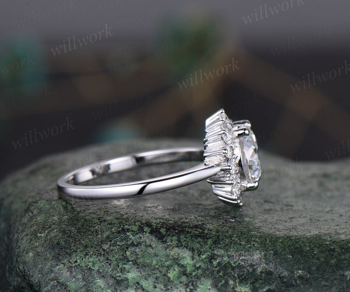 1ct moissanite ring vintage round moissanite engagement ring halo 14k white gold sunflower snowdrift diamond ring women unique promise ring