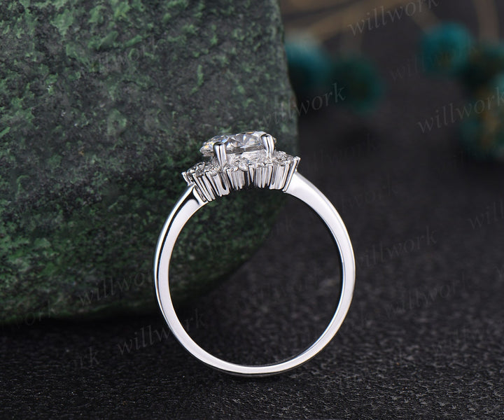 1ct moissanite ring vintage round moissanite engagement ring halo 14k white gold sunflower snowdrift diamond ring women unique promise ring