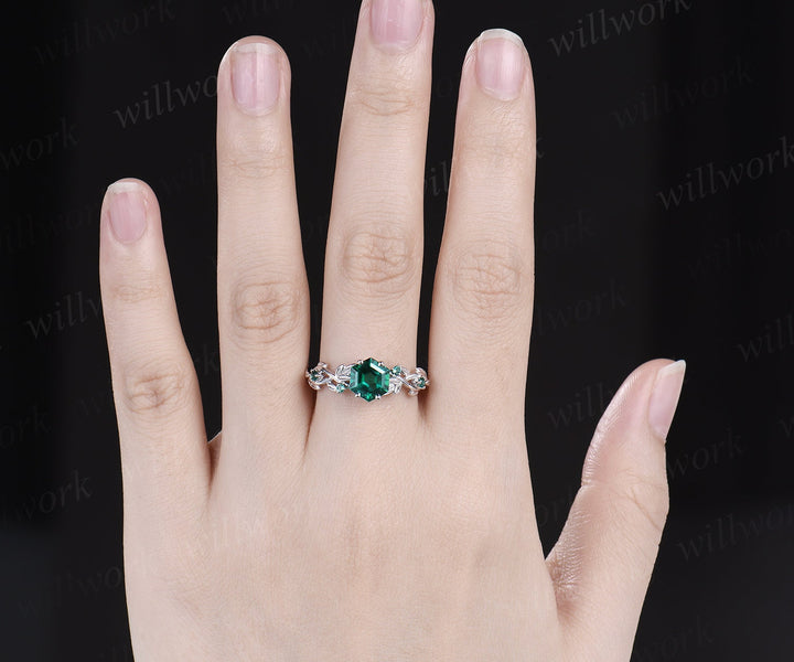 7mm emerald ring vintage hexagon cut emerald engagement ring women solid 14k white gold leaf ring May birthstone ring promise ring for her