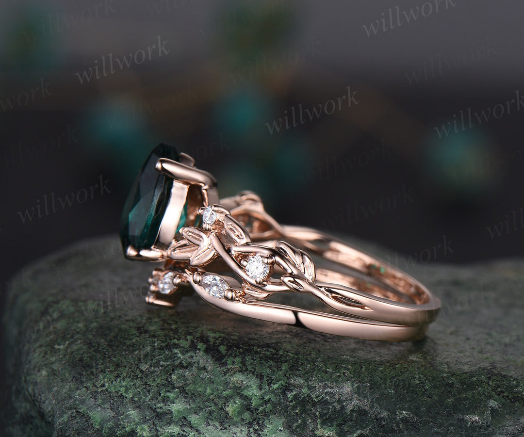 Twig pear shaped emerald engagement ring set 14k rose gold five stone leaf branch Nature inspired ring diamond wedding ring set women gift