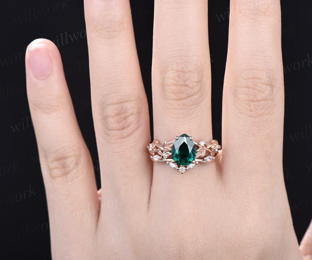 Twig pear shaped emerald engagement ring set 14k rose gold five stone leaf branch Nature inspired ring diamond wedding ring set women gift
